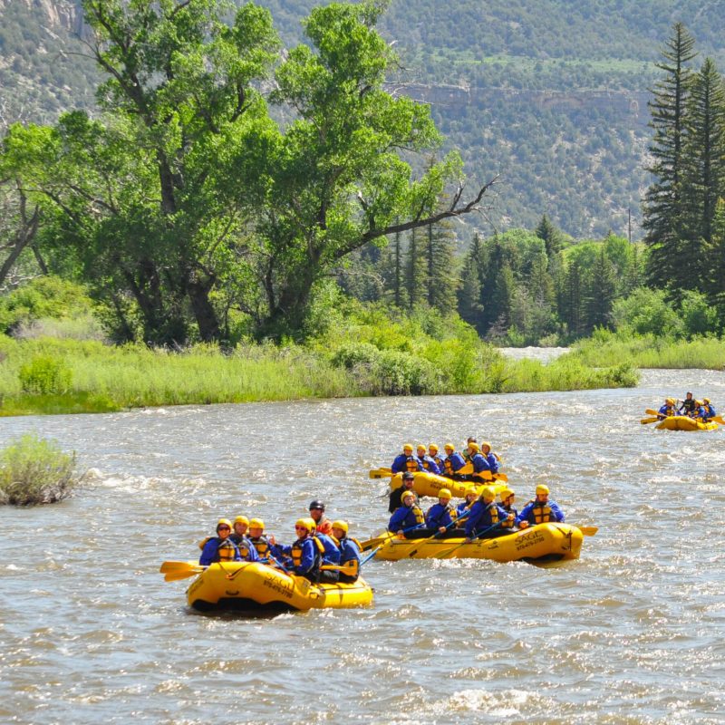 a group of people on a raft in a body of water