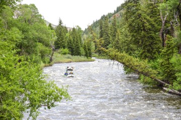 a person riding skis down a river next to a body of water
