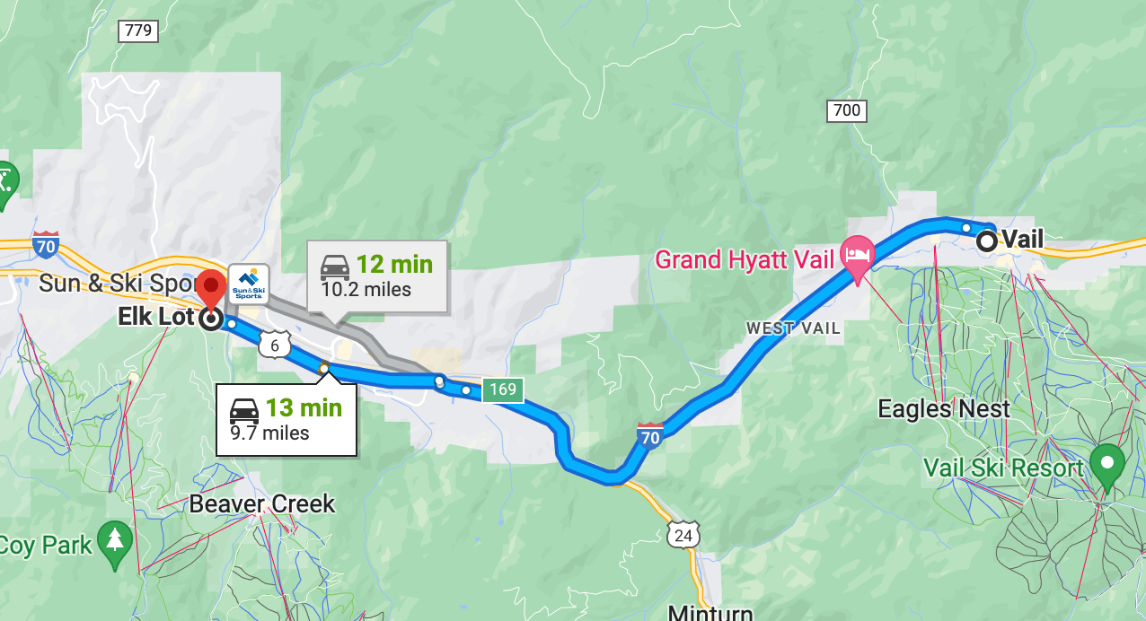 Screenshot 2023-05-25 at 12.00.20 PM map with directions from Vail to Avon