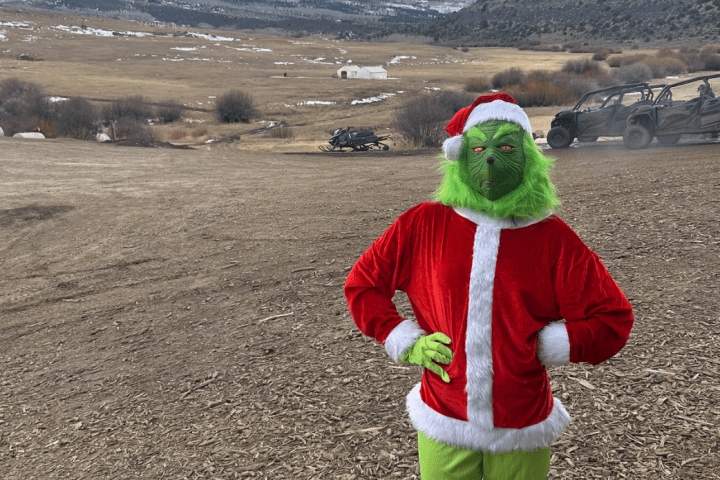 Person in Grinch costume outdoors in snowy mountain landscape, wearing Santa outfit.